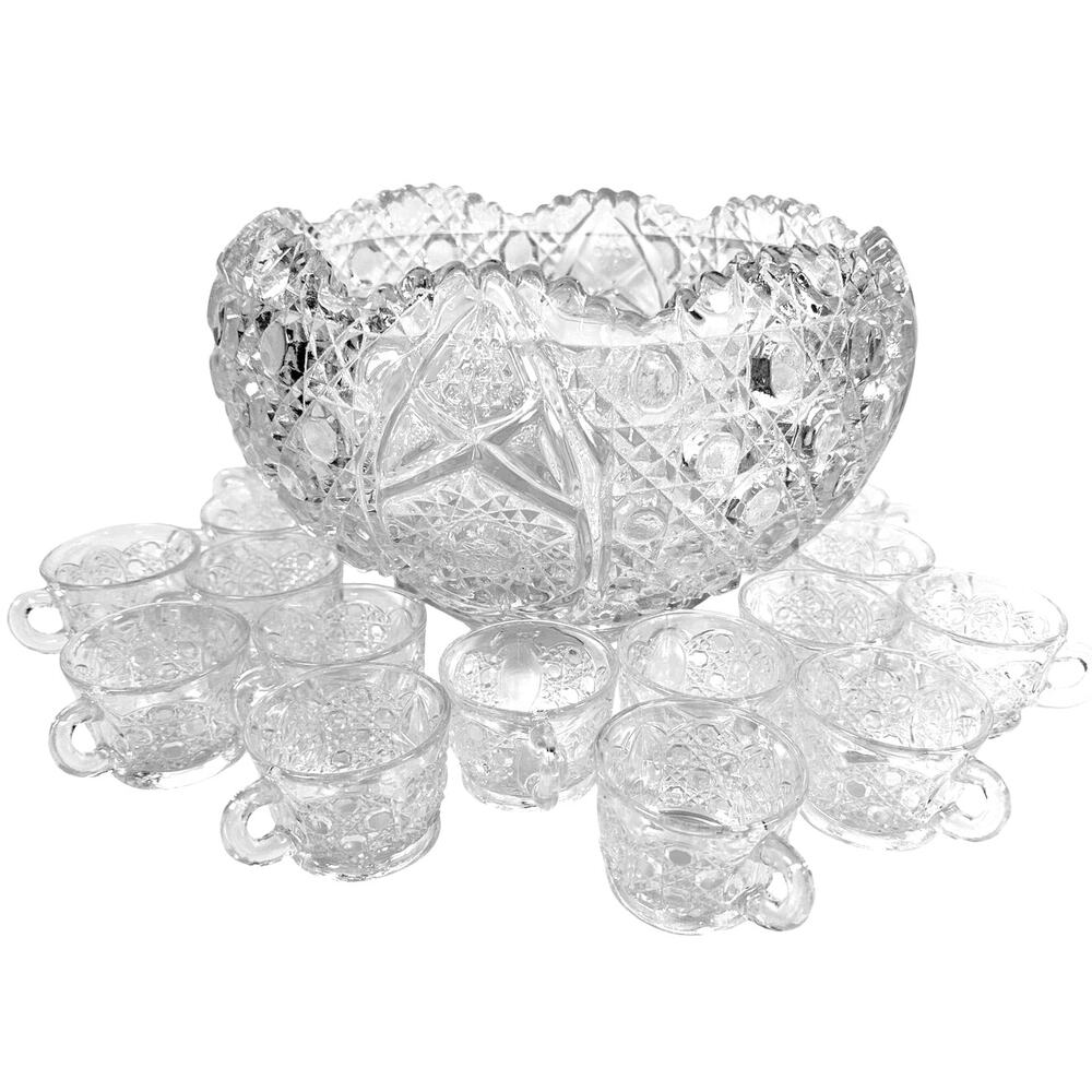 L E Smith Glass Company Daisy & Button Punch Bowl Set with 17 Cups-Excellent!